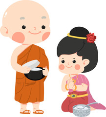 girl Buddhist to do good things make merit by offer food to the monk