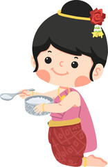 Kid girl in thai dress offering the food