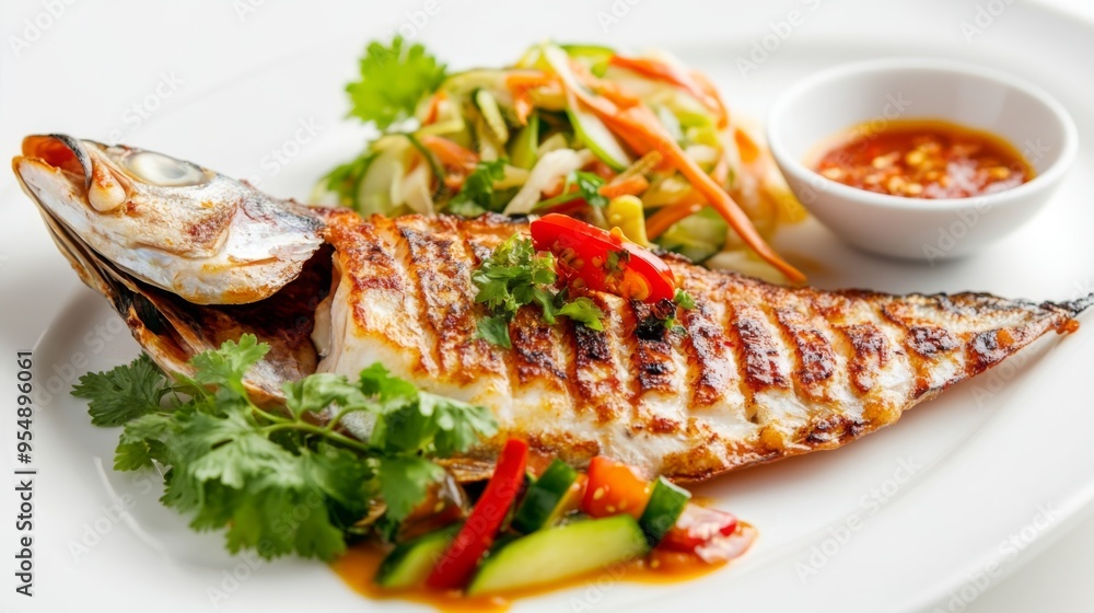 Poster a dish of grilled fish with a colorful side of steamed vegetables and a small bowl of spicy sauce, d
