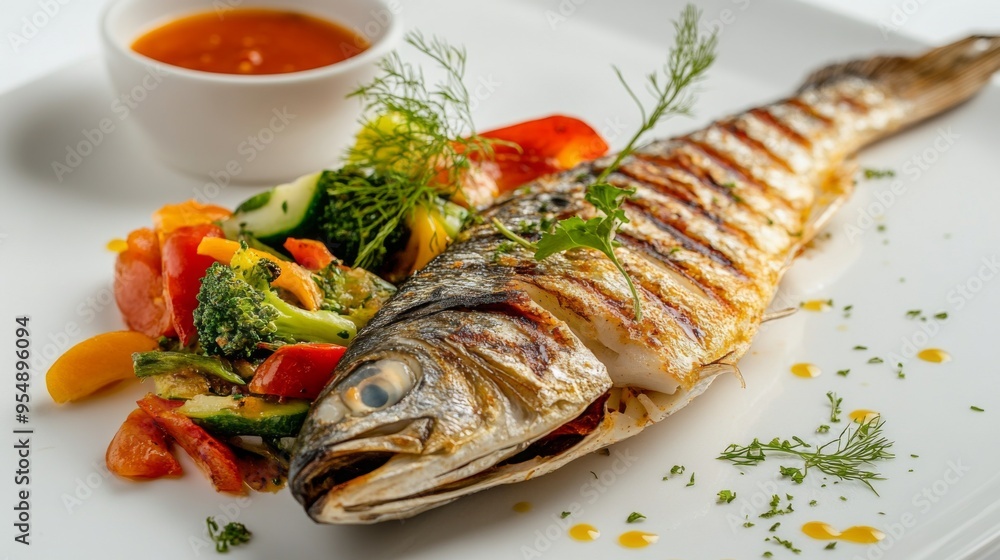 Poster a dish of grilled fish with a colorful side of steamed vegetables and a small bowl of spicy sauce, d