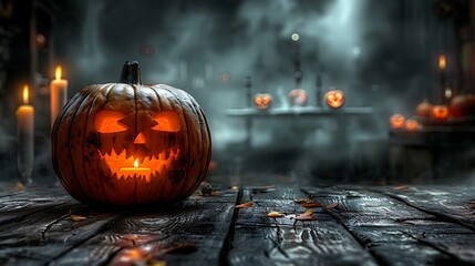 A large pumpkin in the center of a weathered wooden table, blurred background of eerie Halloween-themed food and drinks, soft candlelight glow, dark and mysterious ambiance,