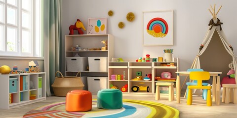 Children playroom with toys neatly stored in bins and on shelves, a tidy play area with a small table and chairs, and colorful decor.