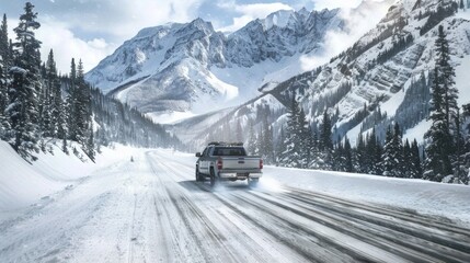 Envision a pickup truck driving through a snowy mountain pass, carrying skiers and snowboarders to a remote slope. 