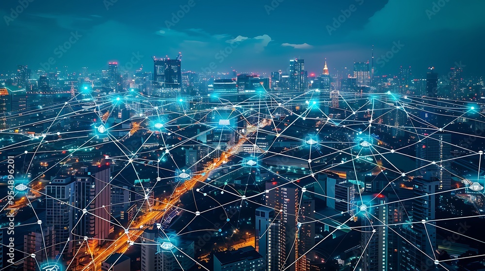 Poster aerial view of a city at night, showcasing a network of connections extending across the cityscape, 