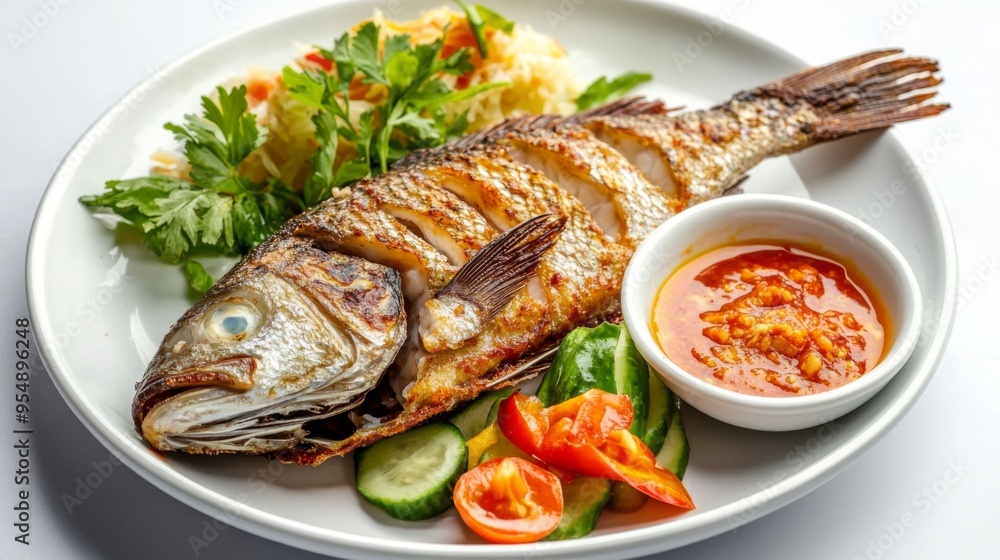 Poster a dish of grilled fish with a colorful side of steamed vegetables and a small bowl of spicy sauce, d