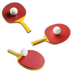 3D render illustration set of a red and yellow table tennis racket with a white ball on it against white or transparent background
