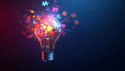 Mindful Illumination: Light Bulb Concept from Above, 3D top view of a light bulb with a thoughtful arrangement of symbols like puzzle pieces,