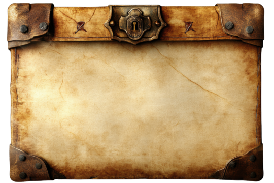 An aged parchment frame with decorative leather corners, perfect for showcasing art or messages in a vintage style.