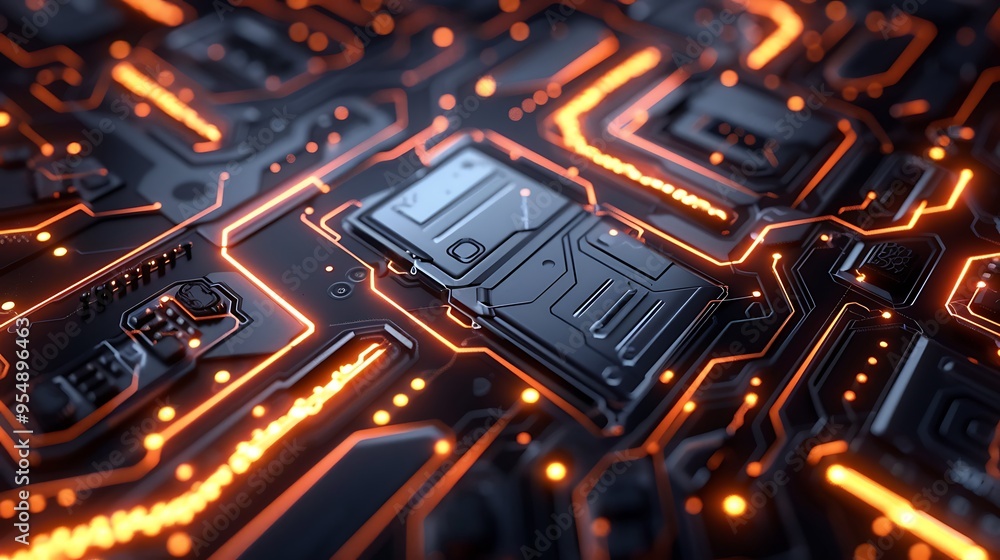 Poster close-up of a circuit board with orange glowing lines, emphasizing the futuristic technology and com