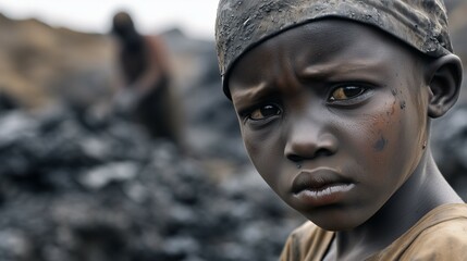 poor sad african boy working in coal mine looking at camera child poverty labor welfare  concept