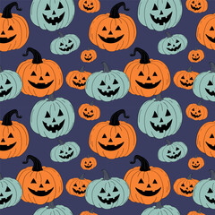 Cartoon repeating Halloween background with funny pumpkins lantern. Hand drawn vector Seamless pattern for autumn holiday, autumnal decorative ornament for banner, flyer, paper, print, wrapping, card