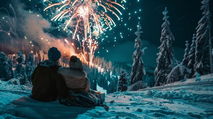 Fototapeta premium Envision a romantic New Year's Eve moment on a snowy mountaintop.