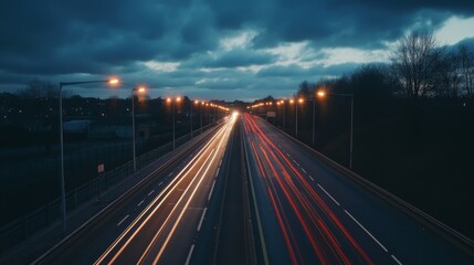 Obraz premium A dramatic perspective of streetlights along a highway at dusk, with their beams cutting through the darkening sky and illuminating the road ahead.