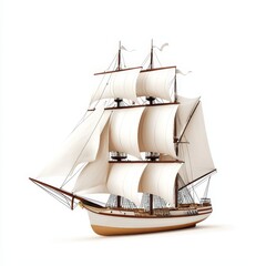 A detailed model of a sailing ship with visible sails and rigging, isolated on white