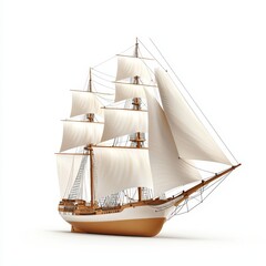 A detailed model of a sailing ship with visible sails and rigging, isolated on white