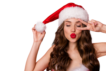 Close up photo of charming lady having curly long wavy brunette hairstyle closing her eyes sending air kisses making v-signs event wearing skirt dress isolated over red background