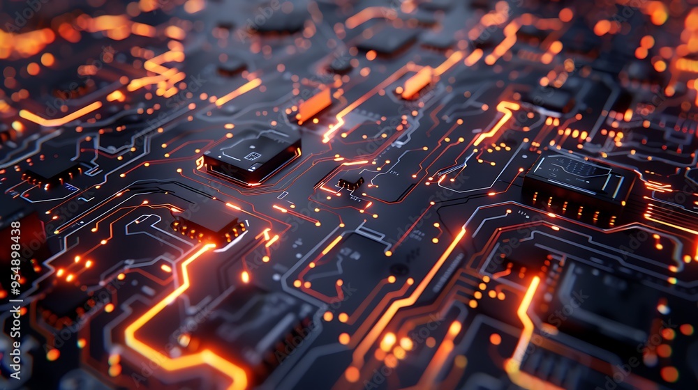 Poster close-up view of a circuit board with glowing orange lines, showcasing the intricate design and comp