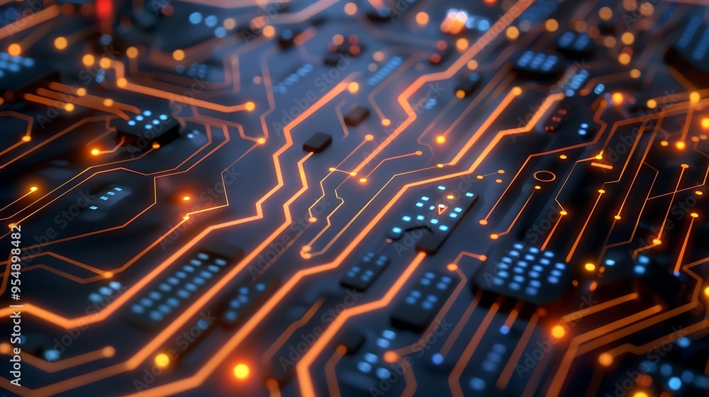 Poster close-up of a circuit board with glowing orange and blue lights, showing intricate patterns and conn