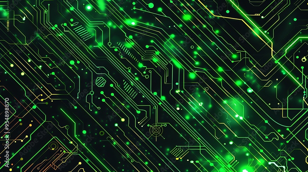 Aufkleber futuristic abstract background with green glowing lines and dots on a black circuit board, represent