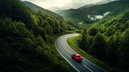 Fototapeta premium EV (Electric Vehicle) electric car is driving on a winding road 