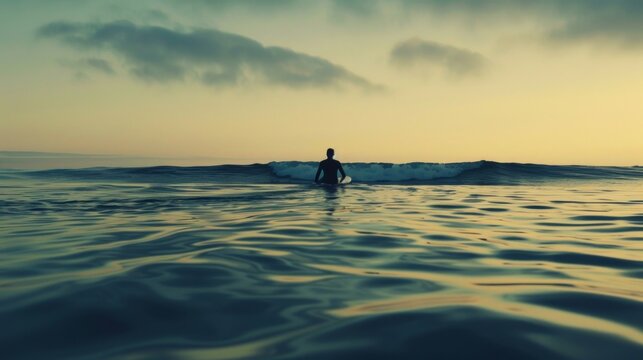 Envision a serene scene where a surfer is paddling out to sea, with the horizon stretching endlessly ahead. 