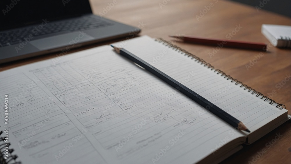 Poster minimalist workspace with a blank notebook and a pencil, ready for innovative thinking and design.