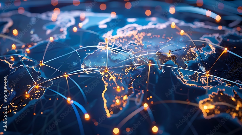 Poster close-up illustration of a network connection around the globe, signifying the global connectivity a