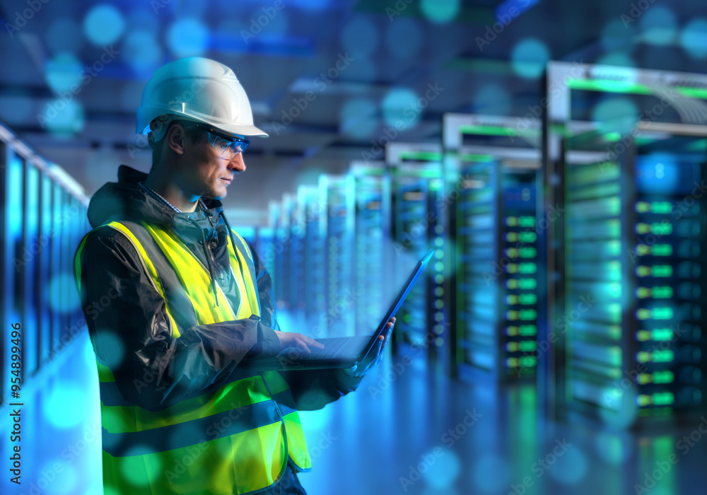 Aufkleber man engineer in server room. industrial system administrator. worker with laptop configures servers.
