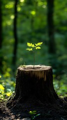 A small tree growing from the top of an old, cut-down stump in a forest clearing, symbolizing new life and growth