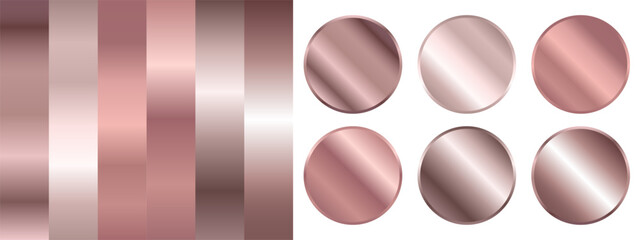 Rose gold or copper realistic texture gradient.  Set of metal round frames, icons or medals