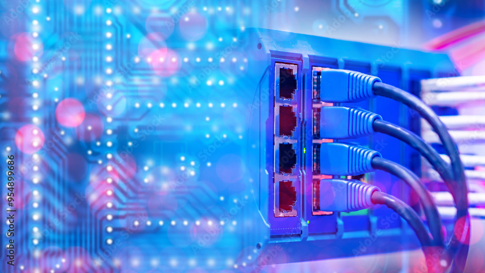 Poster servers with wires. network equipment. industrial automation technologies. server for production equ