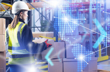 Woman works in international warehouse. Girl with boxes inside storage. World map near storekeeper. Woman delivery logistician. Goods storage specialist. Female international warehouse employee