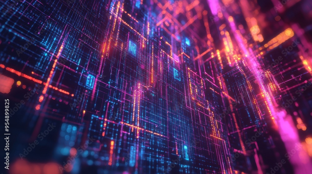Poster abstract digital network background with glowing lines and particles in red, blue, and orange.