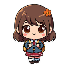 illustration of a cute chibi cartoon girl wearing uniform with backpack