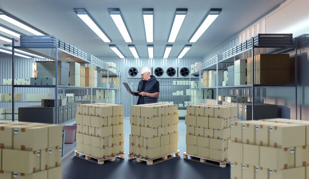 Industrial refrigerator. Factory freezer. Man inside cold storage warehouse. Industrial refrigerator with boxes on pallets. Storekeeper guy keeps records in refrigerator. Freezer warehouse