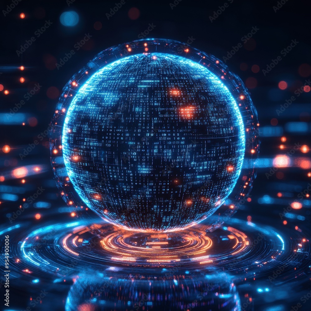 Poster abstract futuristic sphere with digital code and glowing lights.