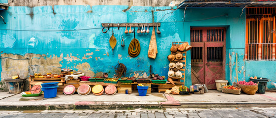 A grunge blue wall with old and retro bunch of items, old street shop