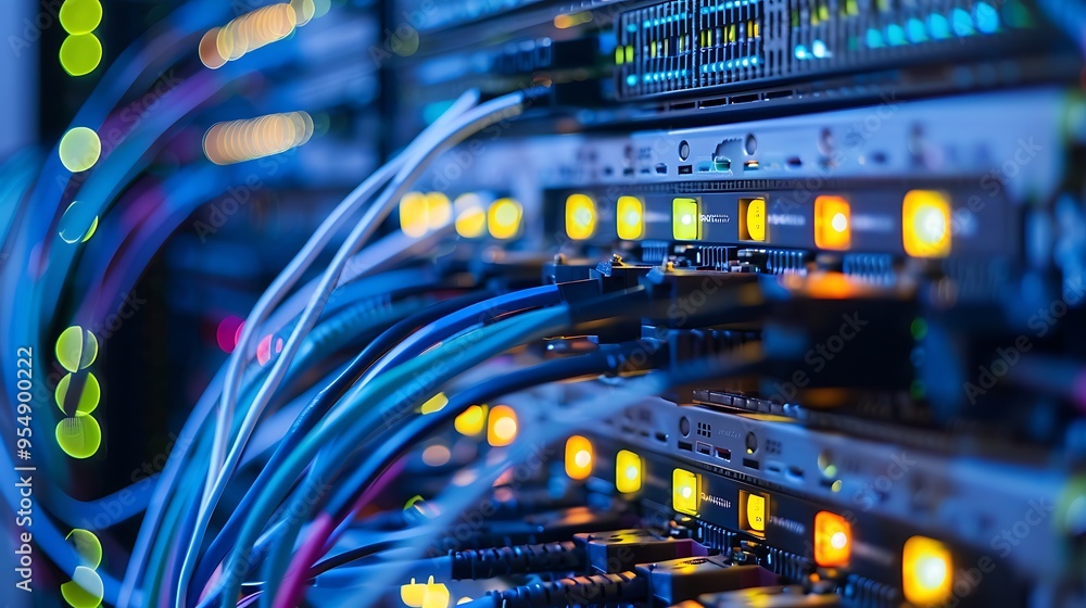 Poster close-up of server racks with various cables connected.