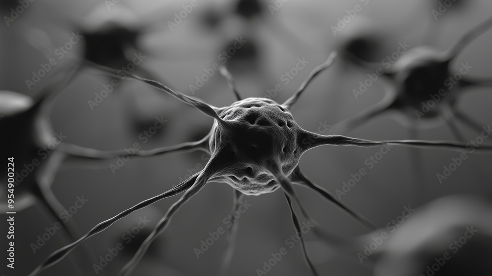 Poster detailed view of a neuron showcasing its complex structure and connections in a monochrome setting