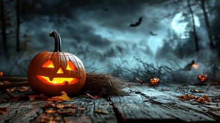 A pumpkin on a worn wooden table, with a witch's broomstick resting against it, blurred background featuring a dark, foggy forest, eerie shadows cast by the moonlight,