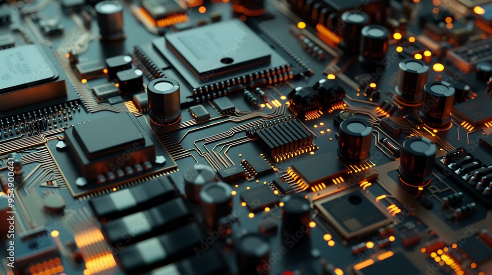 Poster close-up of a circuit board with glowing orange components, emphasizing the intricate details of mod