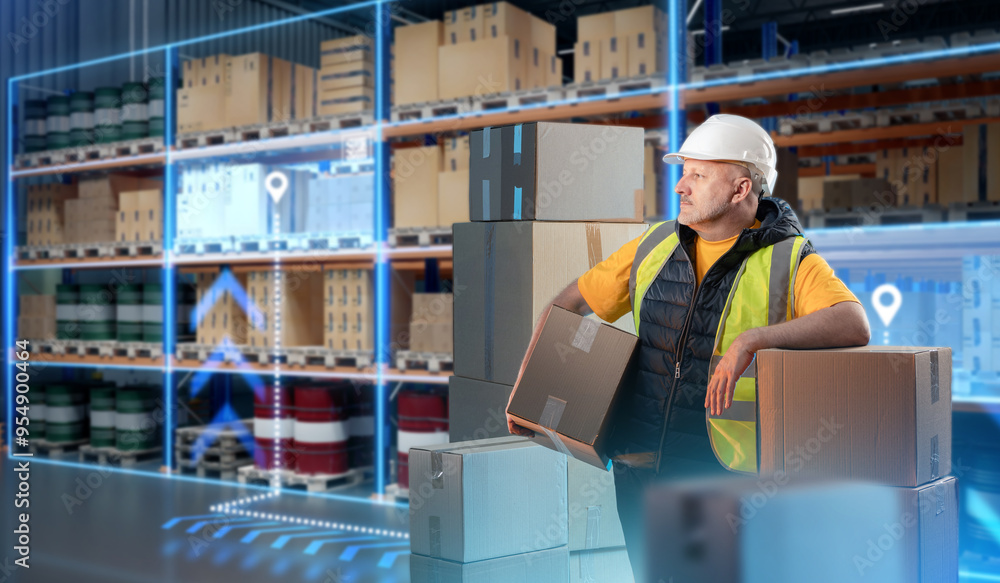 Poster man storekeeper. supervisor guy standing in warehouse. storekeeper with boxes in distribution center