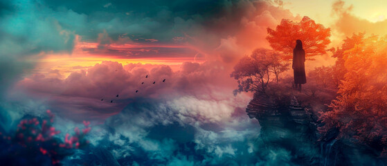 A woman stands on a rocky hillside, looking out over a beautiful cloudy landscape