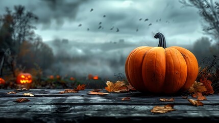 A pumpkin resting on a rustic wooden table, with a blurred background of an overgrown pumpkin patch under the fading light of dusk, warm and soft colors, mist hanging low,
