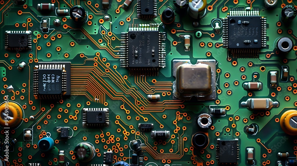 Poster close-up of a green circuit board with various electronic components and microchips.