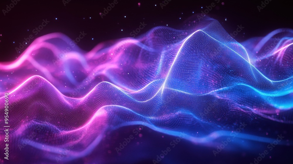 Poster abstract neon wave background with glowing particles and digital noise.