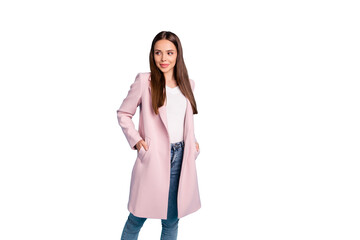 Photo of amazing lady enjoy warm weather wear pastel color demi-season coat and jeans isolated on blue background