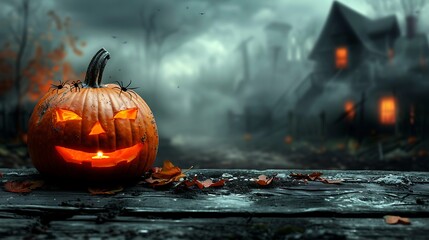A pumpkin resting on a weathered wooden table, covered in fake spiders, blurred background featuring a dark alley filled with shadows and mist, dim light, spooky and unsettling Halloween atmosphere.