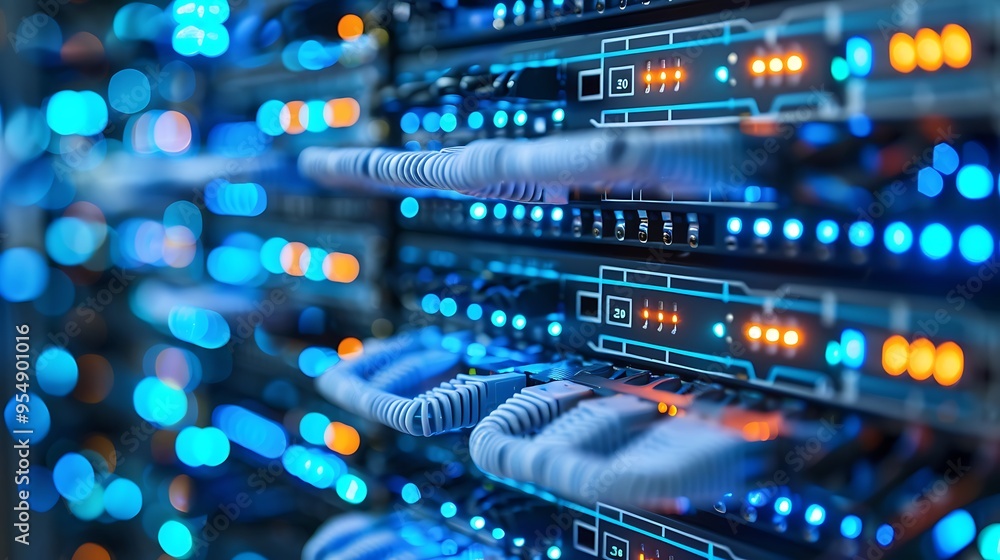 Poster close-up of a server rack with network cables connected and illuminated with blue and orange lights.