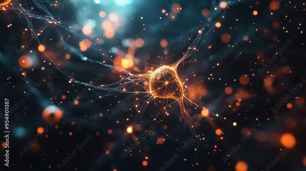 Poster abstract neural network connection - glowing nodes and lines with bokeh background.